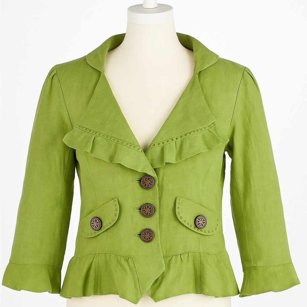 Tasha Polizzi for T.P. Saddleblanket Linen Ruffle Peplum Jacket Green Sz S NWOT